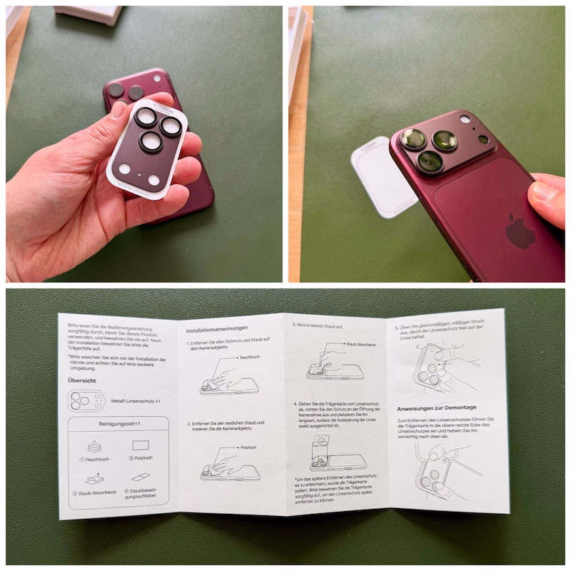 Detailansicht des CameraGo Schutzglases von Torras für das iPhone 18 Pro, montiert, incl. Bediennugsanleitung.