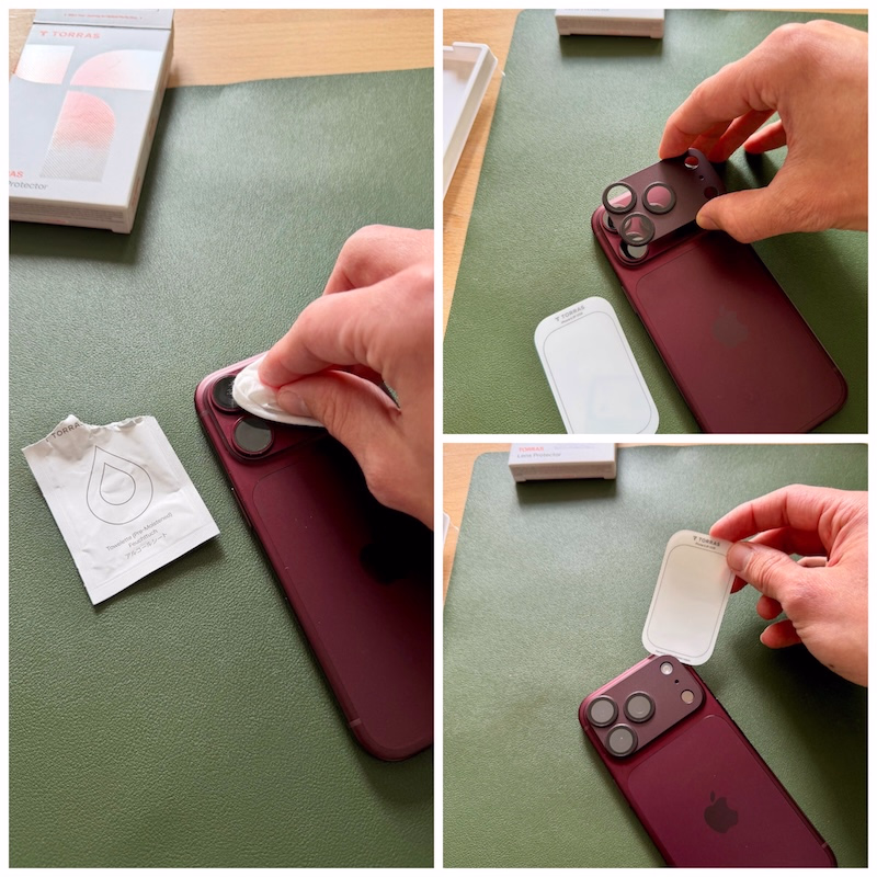Aufzeigen der notwendigen Schritte zur Montage des Schutzglases für die kamera-Insel am iPhone 18 pro von Torras.