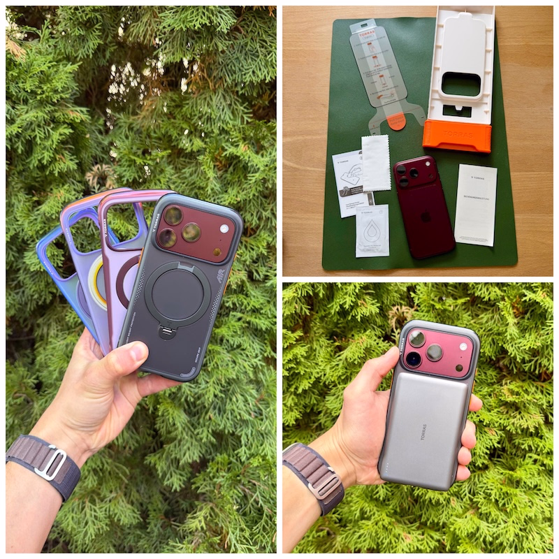 Im linken Bild werden verschiedene Farb-Varianten der Torras Ostand Q3 Air und Q3 Air Pro Hülle dargestellt. Im Foto rechts oben der Lieferumfang des OrigArmor AR Panzerglases, rechts unten die Torras-Powerbank am iPhone 18 Pro in burgundy.