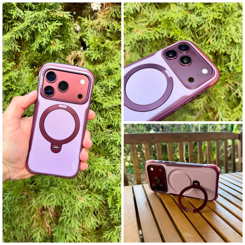 Die neue Torras Ostand Air Pro Hülle angebracht am iPhone 18 Pro in Burgundy in verschiedenen Detailaufnahmen in einer Collage.