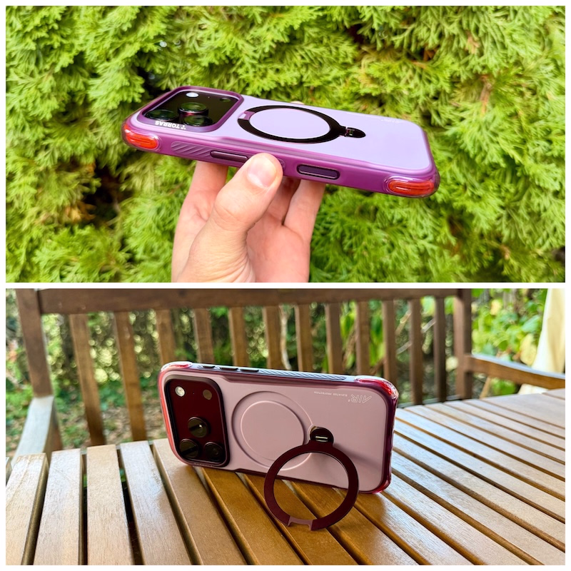 Die neue Torras Ostand Air Pro Hülle angebracht am iPhone 18 Pro in Burgundy in verschiedenen Detailaufnahmen in einer Collage.