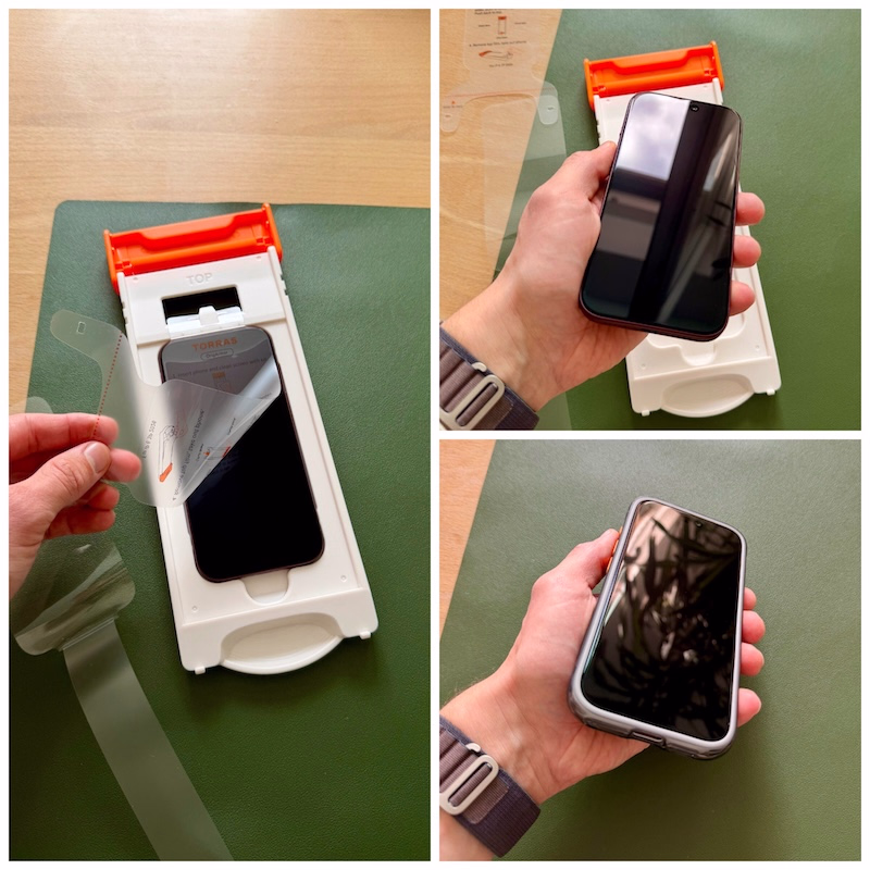Fotografische Darstellung der letzten Schritte der Panzerglas-Montage, zunächst abziehen der Schutzfolie, danach Herausnahme des iPhone 18 Pro.