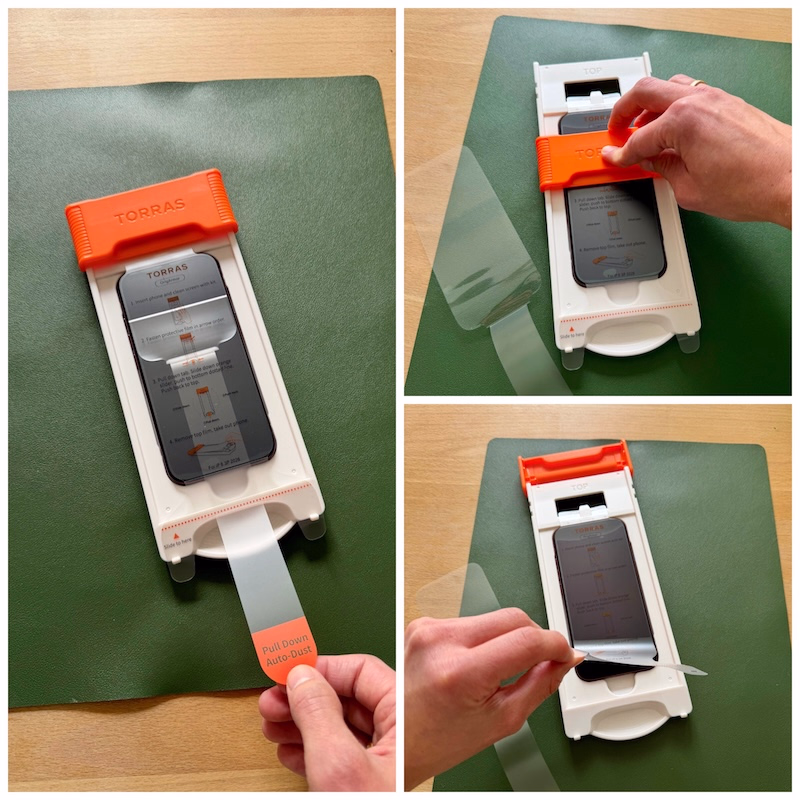 Darstellung des eigentlichen Montage-Schrittes der Torras Origarmor AR Schutzfolie am iPhone 18 Pro in einzelnen Schritten.