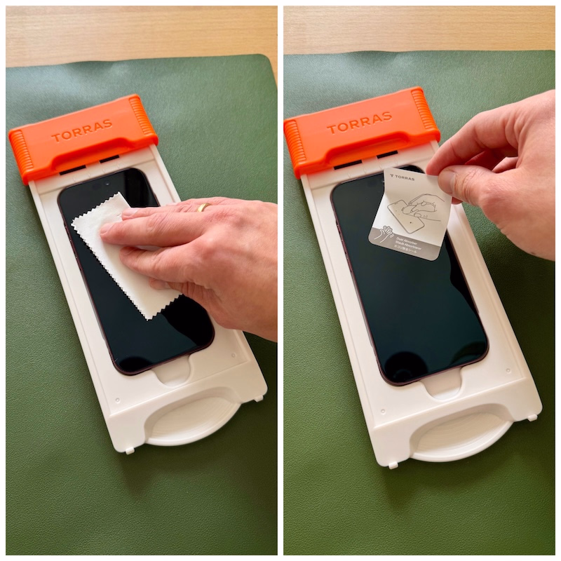 Darstellung der einzelnen Schritte zur Reinigung des Displays des iPhone 18 Pro vor der Montage des OrigArmor Panzerglases.