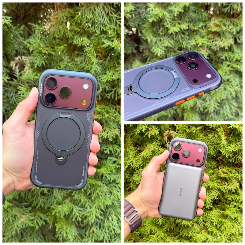 Detailaufnahmen der Torras Ostand Q3 Air Hülle am iPhone 18 Pro im Test. Rechts unten mit Powerbank, rechts oben Detailaufnahme vom Kamera-Modul umgeben von der Hülle