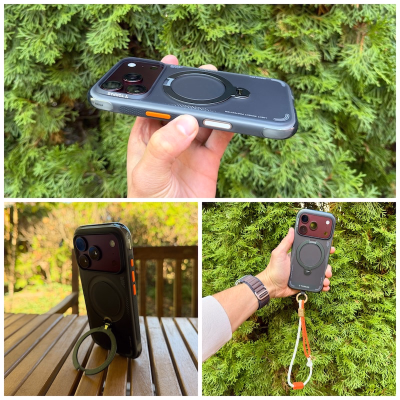 Detailaufnahme Torras Ostand Q3 Air Hülle von der Seite mit Fokus auf Kamera-Button oben. Links unten aufgestellt am Ostand-Ring, rechts der Torras Lanyard am iPhone 18 Pro befestigt.
