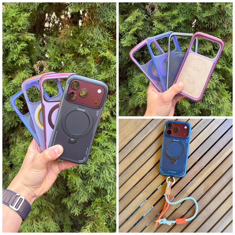 Darstellung verschiedenfarbiger Hüllen von Torras aus der Ostand Q3 Air Serie im linken Bild, rechts oben die Innen-Ansichten der Hüllen, rechts unten die Torras Ostand Q3 Air Hülle mit befestigtem Torras Lanycard.
